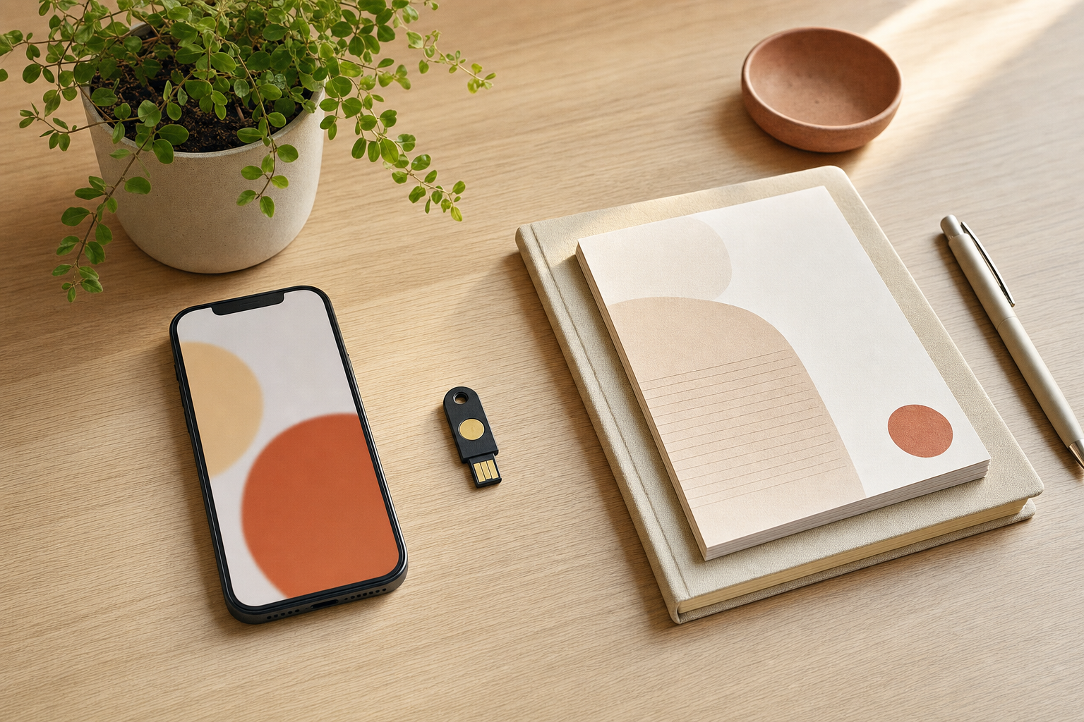 Et ryddig skrivebord med generisk telefon og sikkerhetsnøkkel, uten tekst eller merkevarer.