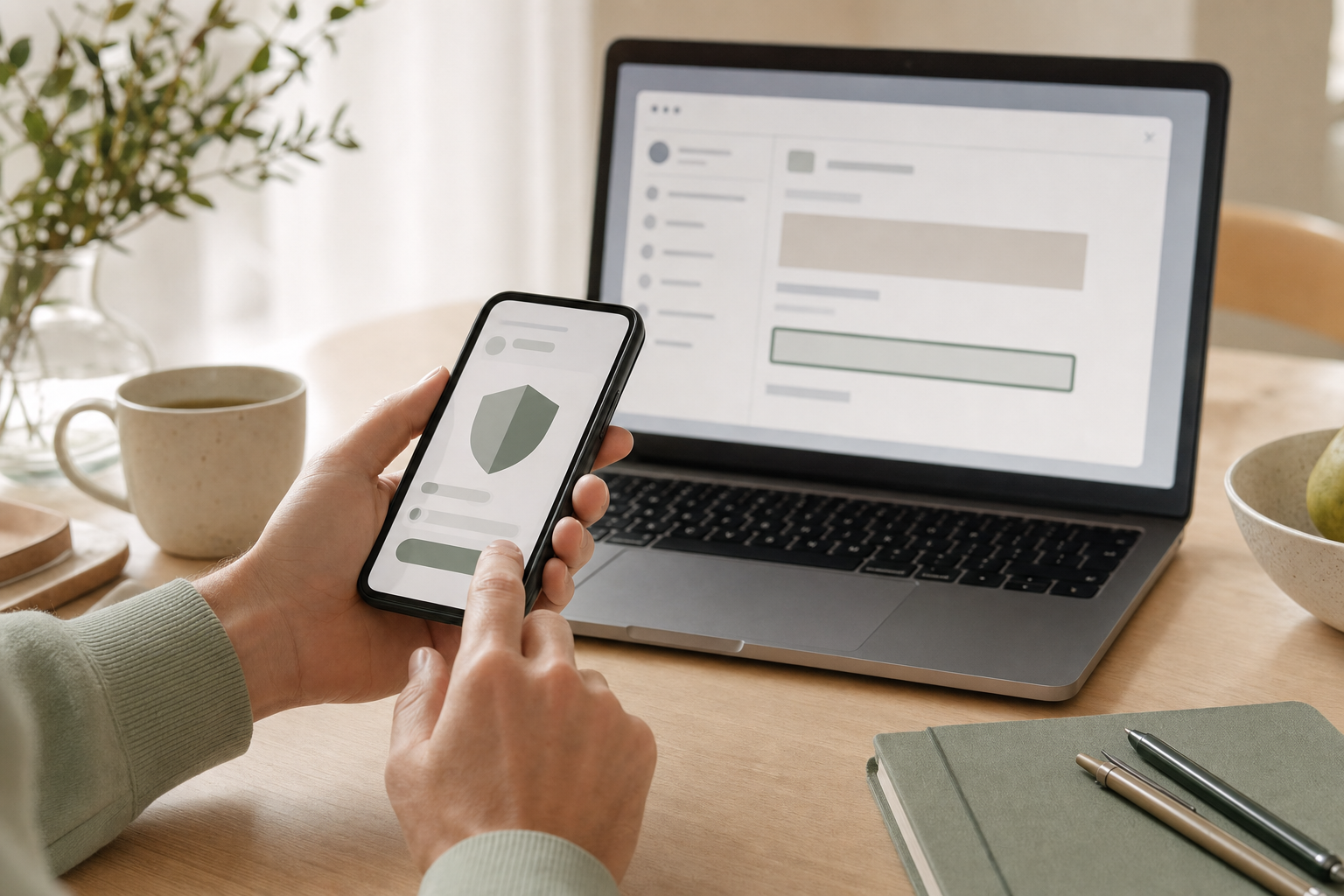 En person kontrollerer et varsel direkte i en sikker mobilapp mens en mistenkelig e-post ligger urørt på en bærbar datamaskin.